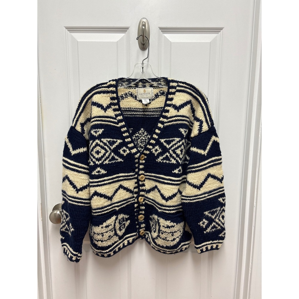 Express Tricot Vintage Handknitted Wool Cardigan Navy Blue Fish One Size